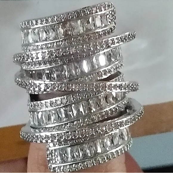 Sterling Silver Baguette Cubic Zircon Multilayer Cross Over Statement Ring - Picture 8 of 11